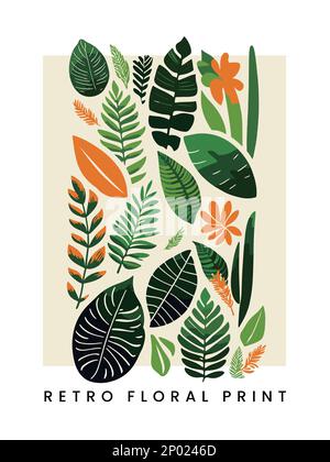 Vector Abstract retro Screen Print Botanical Tropical Leaf Surface Pattern Elements for Poster, Book Cover or Advertisement background. Illustrazione Vettoriale