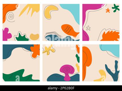 Un set di sei sfondi astratti, varie forme e scarabei disegnati a mano, così come elementi vegetali, moderni sfondi vettoriali minimalisti alla moda Illustrazione Vettoriale
