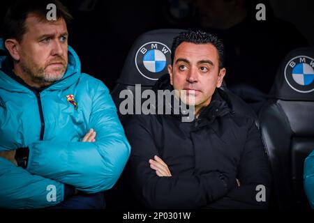 Madrid, Madrid, Spagna. 2nd Mar, 2023. Xavi Hernandez (Barcellona) durante la partita di calcio tra.Real Madrid e Barcellona valida per la semifinale della Coppa di Spagna 'Copa del Rey' celebrata a Madrid, Spagna allo stadio Bernabeu giovedì 02 marzo 2023 (Credit Image: © Alberto Gardin/ZUMA Press Wire) SOLO PER USO EDITORIALE! Non per USO commerciale! Foto Stock