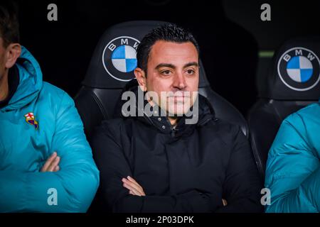 Madrid, Spagna,02/03/2023, Xavi Hernandez (Barcellona) durante la partita di calcio tra&#XA;Real Madrid e Barcellona valida per la semifinale della Coppa di Spagna “Copa del Rey” celebrata a Madrid, Spagna, presso lo stadio Bernabeu giovedì 02 marzo 2023 Foto Stock