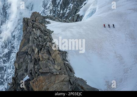 Alpinisti a piedi sul ghiaccio del Monte Bianco, piccoli escursionisti e ghiacciaio alpino , Chamonix, Francia Foto Stock