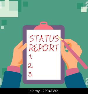 Simbolo di testo che mostra il rapporto di stato. Panoramica aziendale Aggiorna il riepilogo delle situazioni a partire da un determinato periodo di tempo Foto Stock