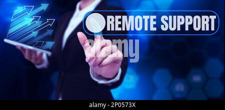 Ispirazione che mostra il segno supporto remoto. Word per aiutare gli utenti finali a risolvere problemi e problemi del computer in remoto Foto Stock