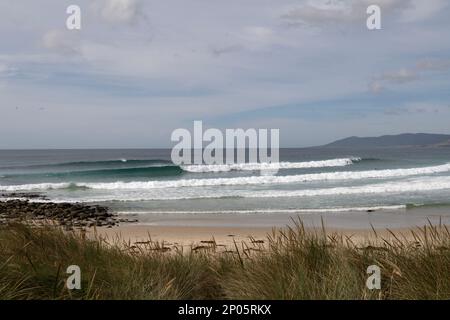 Shelly Beach Beaumaris con onde perfette vicino a sud di Scamander sulla costa orientale della Tasmania Foto Stock