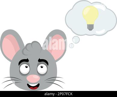 illustrazione vettoriale volto di un cartoon mouse con un pensiero a nuvola con una lampadina, in concetto di idea, creatività e innovazione Illustrazione Vettoriale