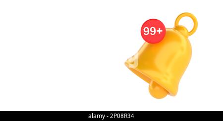 Campana di notifica gialla con oltre 99 nuovo simbolo messaggio su sfondo bianco, spazio di copia e tracciato di ritaglio. Concetto minimo di avviso di rendering 3D per i social Foto Stock
