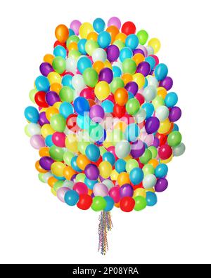 Grande gruppo di palloncini luminosi su sfondo bianco Foto Stock
