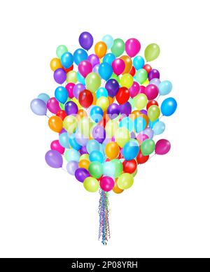 Grande gruppo di palloncini luminosi su sfondo bianco Foto Stock