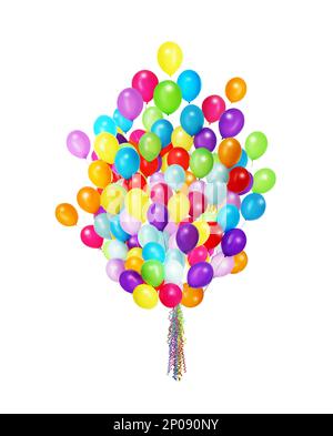 Grande gruppo di palloncini luminosi su sfondo bianco Foto Stock