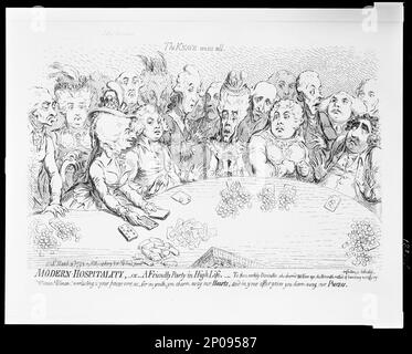 Ospitalità moderna, o Una festa amichevole in alta vita. Collezione British Cartoon Prints . Buckinghamshire, Albinia Hobart, contessa di, 1738-1816. , Fox, Charles James, 1749-1806. , Giorgio,IV,Re di Gran Bretagna,1762-1830. , Gioco d'azzardo, 1790-1800. , Giochi di carte, 1790-1800. Foto Stock