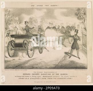 Questa accurata rappresentazione delle riprese di Edward Oxford alla Regina, tenuta davanti ad una luce forte, scopre magicamente i mezzi che salvarono la speranza della vecchia Inghilterra dalla mira dell'assassino!! Dio salvò la Regina! Clerk, Lith., 202:15 Alto, Holborn.. Collezione British Cartoon Prints . Victoria,Regina di Gran Bretagna,1819-1901,tentativi di assassinio,Inghilterra,Londra. , Oxford, Edward, 1822-1900. , Tiro,Inghilterra,Londra,1840-1850. , Criminali,Inghilterra,Londra,1840-1850. Foto Stock