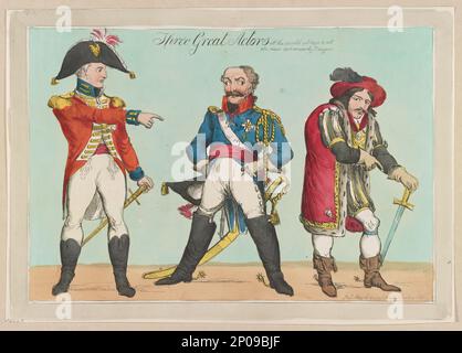 Tre grandi attori in tutto il mondo un palcoscenico & tutti gli uomini sono mearly giocatori sic.. Collezione British Cartoon Prints . Wellington, Arthur Wellesley, Duca di, 1769-1852. , Blücher, Gebhard Leberecht von,1742-1819. , Kean, Charles John, 1811?-1868, spettacoli. Foto Stock