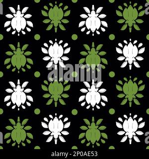 Simmetria astratta fiori modello senza giunture. Fiori bianchi e verdi su sfondo nero Foto Stock