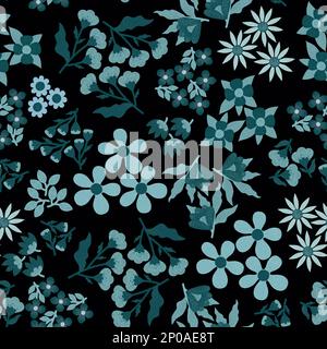 Motivo floreale senza cuciture con set di fiori blu testurizzati disegnati a mano isolati su sfondo nero Foto Stock