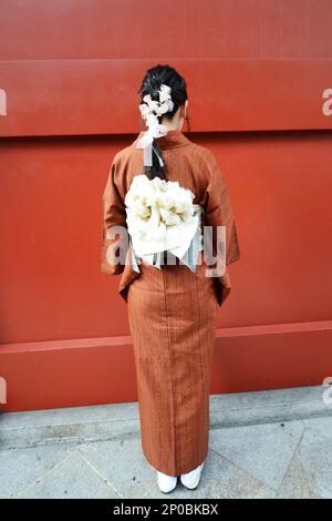 Una donna giapponese che indossa un kimono tradizionale. Tempio buddista Sensō-ji, Asakusa, Tokyo, Giappone. Foto Stock