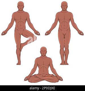 Disegno vettoriale dell'uomo che fa la forma fisica e pilates l'esercitazione, l'uomo che medita fare yoga Illustrazione Vettoriale