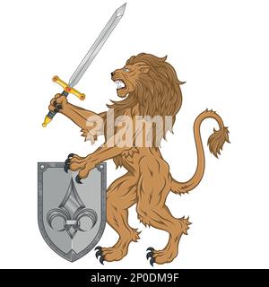 Disegno vettoriale di leone rampante con spada e scudo, simbolo araldico del Medioevo europeo Illustrazione Vettoriale