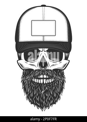 Cranio in berretto da baseball con barba e baffi vintage monocromatico isolato vettore illustrazione Illustrazione Vettoriale