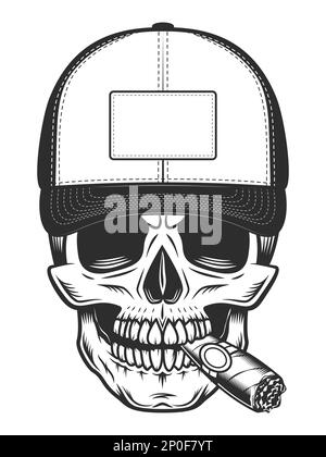 Cranio fumo sigaro o sigaretta in berretto da baseball in stile monocromatico vintage isolato vettore illustrazione Illustrazione Vettoriale