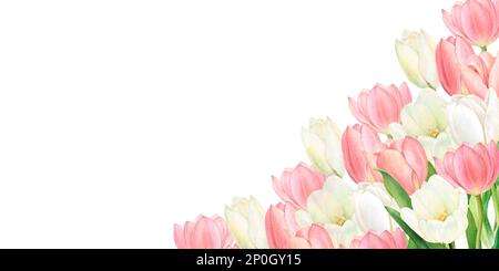 Acquerello illustrazione di un bel bouquet di tulipani rosa e bianco nell'angolo. Perfettamente disegnata a mano su uno sfondo bianco. Foto Stock