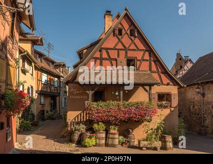Strada pedonale nel centro storico del comune alsaziano di Riquewihr Foto Stock