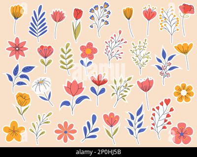 Confezione di adesivi con elementi floreali. Romantica collezione di fiori con fiori e foglie. Ideale per biglietti d'auguri o design di invito, poster floreale Illustrazione Vettoriale