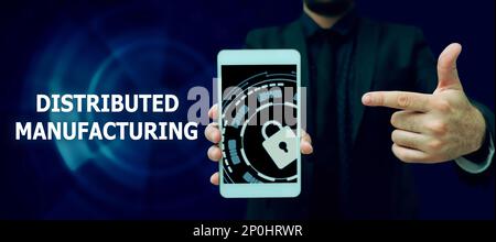 Visualizzazione concettuale produzione distribuita, Word scritto in pratica da imprese che utilizzano strutture di rete Foto Stock