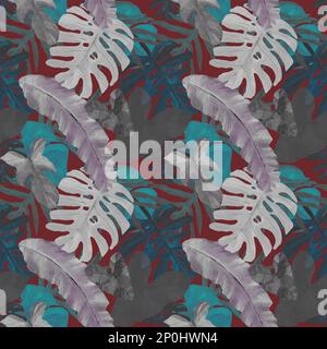 Motivo senza cuciture con foglie tropicali nei colori grigio e rosso. Sfondo giungla selvaggia. Piante di foresta piovose disegnate a mano. Design per tessuto, imballaggio, copertura Foto Stock