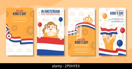 Happy Kings Netherlands Day Social Media Stories Cartoon Hand Drawed Templates background Illustration Illustrazione Vettoriale