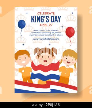 Happy Kings Netherlands Day Poster verticale Cartoon modelli disegnati a mano sfondo Illustrazione Illustrazione Vettoriale