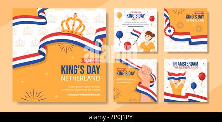 Happy Kings Netherlands Day Social Media Post Flat Cartoon modelli disegnati a mano Illustrazione Illustrazione Vettoriale