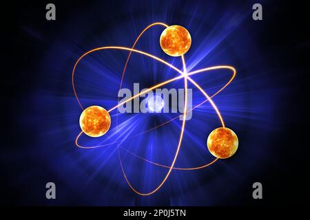 Modello atomico, simbolo della scienza nucleare. Tre elettroni ruotano nelle orbite intorno al nucleo atomico. Illustrazione 3D Foto Stock