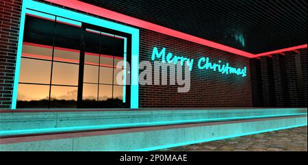 Luminosa iscrizione buon Natale in turchese sul muro di mattoni vicino all'ingresso dell'edificio di notte. Buona illustrazione per il biglietto d'auguri attivato Foto Stock