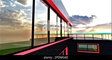 Riflesso del sole del mattino nascosto dietro le nuvole nella lunga finestra panoramica della villa privata rifinita con mattonelle in mattoni bianco e nero. V Foto Stock