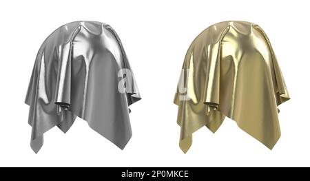 Set di sfere rivestite con argento e tessuto lucido dorato. Isolato su sfondo bianco. Sorpresa, premio, premio, concetto di presentazione. Revea Foto Stock
