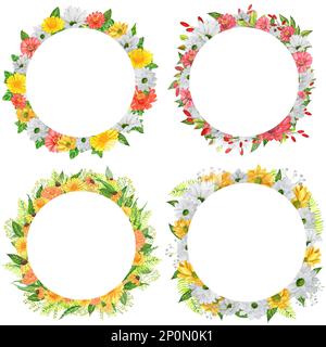 Quattro corone acquerello disegnate a mano con fiori da giardino e bacche. Una piccola parte del grande giardino DEGLI UCCELLI set Foto Stock