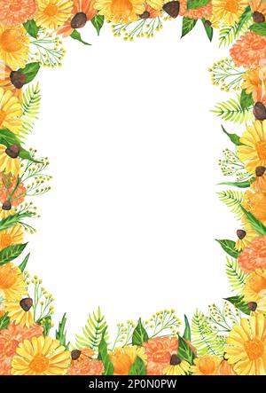 Cornice acquerello disegnata a mano con zinnia, goldenota e fiori di conifere. Una piccola parte del grande giardino DEGLI UCCELLI set Foto Stock