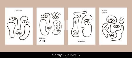 Sfondi astratti minimi con facce di disegno trendy a una linea Illustrazione Vettoriale