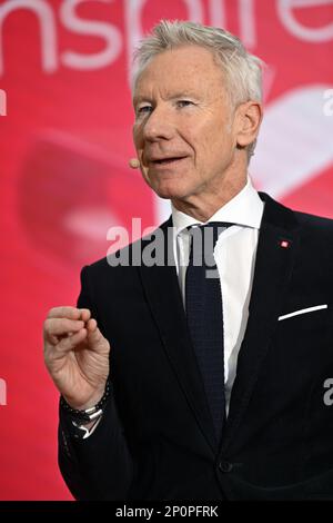 Marc Raisiere, CEO di Belfius, ha illustrato nel corso di una conferenza stampa per presentare i risultati di 2022 anni della banca Belfius, venerdì 03 marzo 2023 presso la torre Belfius, sede della banca a Bruxelles. FOTO DI BELGA ERIC LALMAND Foto Stock