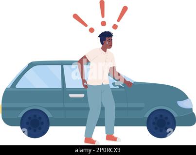 Conducente scioccato in piedi vicino al carattere vettoriale di colore semi-piatto dell'automobile Illustrazione Vettoriale