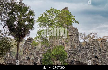 Una vista delle rovine del famoso Tempio di Bayon, all'interno di Angkor Thom e vicino Angkor Wat a Siem Reap, Cambogia. Foto Stock