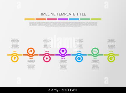 Linea temporale colore luce vettoriale con icone in cerchi modello composto da sei cerchi luminosi con icone, descrizioni e frecce colorate arcobaleno timeline Illustrazione Vettoriale