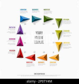 Modello di timeline dell'anno completo con tutti i mesi colorati dell'arcobaleno come puntatori della piramide del triangolo in un quadrato grande, nomi del mese e descrizioni corte, tutto sopra Illustrazione Vettoriale