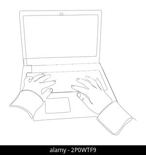 Una linea continua di mani che utilizza il notebook, digitando. Concetto di vettore di illustrazione a linea sottile. Disegno di contorno idee creative. Illustrazione Vettoriale