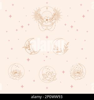 Luna bohémien e fiori di loto set. Set vettoriale di icone e simboli boho lineari. Modelli di design del logo Sun. Astratto elementi di design per gioielli in mi Illustrazione Vettoriale