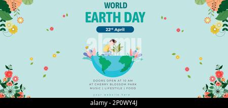Felice giorno della terra modello orizzontale banner design con mappa del globo e foglie Illustrazione Vettoriale