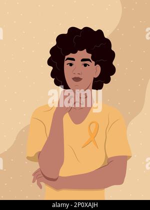 Nastro di consapevolezza dell'endometriosi. Una donna afroamericana e un simbolo della salute delle donne. Giornata mondiale di consapevolezza dell'endometriosi. Illustrazione piatta vettoriale. Illustrazione Vettoriale