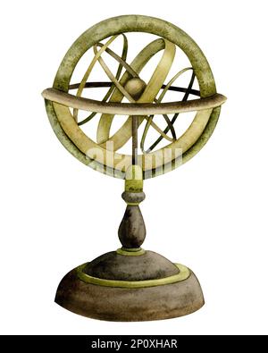 Navigazione acquerello sfera armillare, astrolabio sferico vintage illustrazione strumento isolato su bianco. Foto Stock