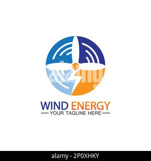 Logo Wind Energy. icona delle energie rinnovabili con turbine eoliche e tuono isolato su sfondo bianco Illustrazione Vettoriale