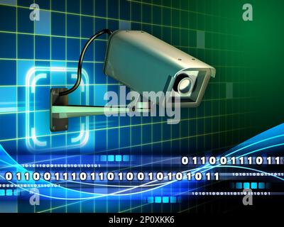 Telecamera di sicurezza che controlla un flusso di dati. Illustrazione digitale. Foto Stock
